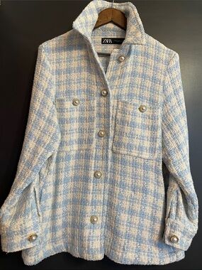 ZARA Light Blue & Cream Tweed Pearl-Button Shacket